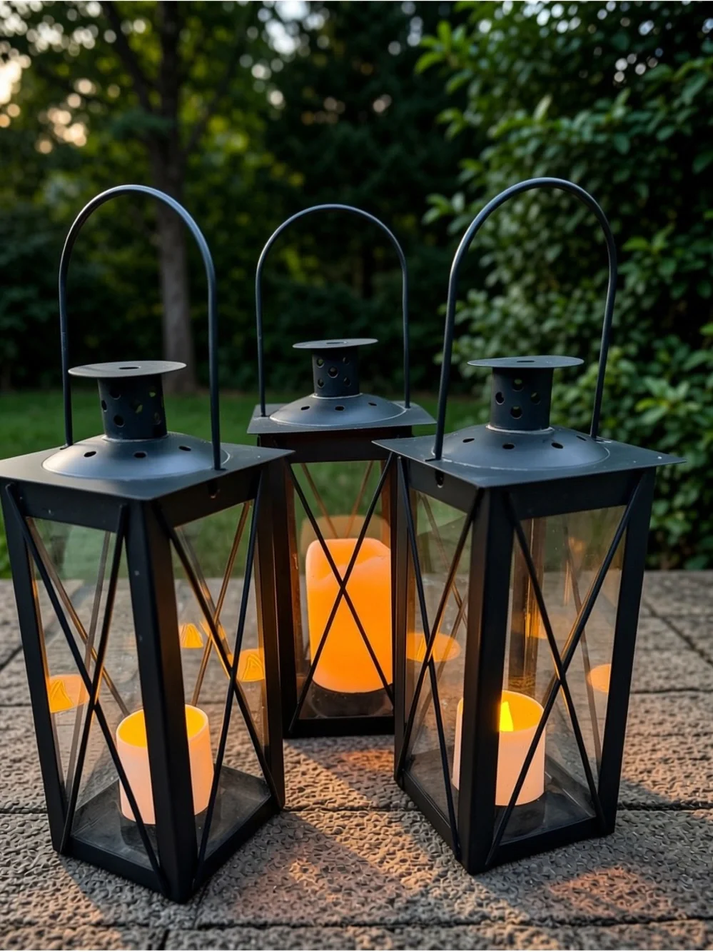 Farmhouse Cottage Black Metal Lantern Trio 10” X3” Wide (candles not included)